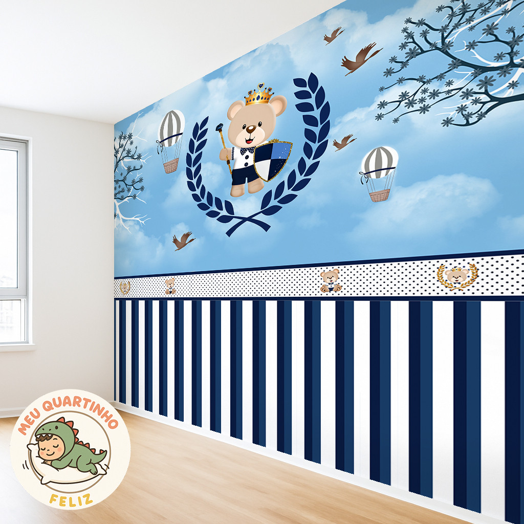 Papel de Parede Tema Ursinho Principe Azul Marinho + Faixa Nome Urso Bebê Azul Escuro