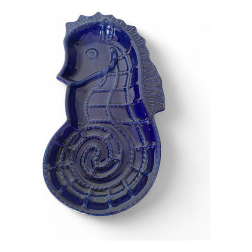 Travessa Petisqueira Formato Cavalo Marinho Cerâmica Azul Escuro