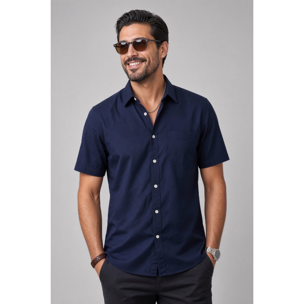 Camisa Social Masculina Manga Curta Azul Marinho Lisa Microfibra com Elastano Bolso Trabalho Uniforme Escritório