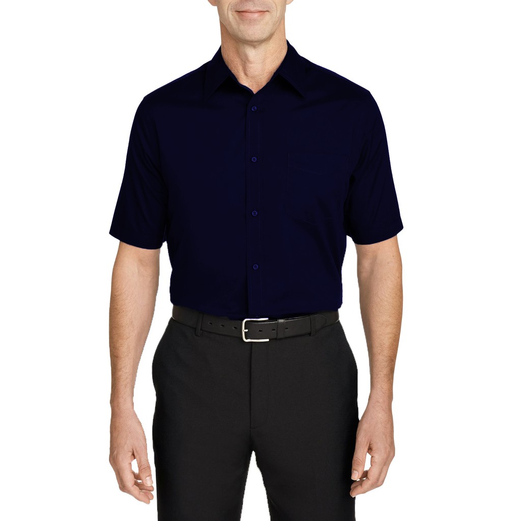 Camisa Social Masculina Bom Pano Manga Curta Lisa Azul Marinho Escuro