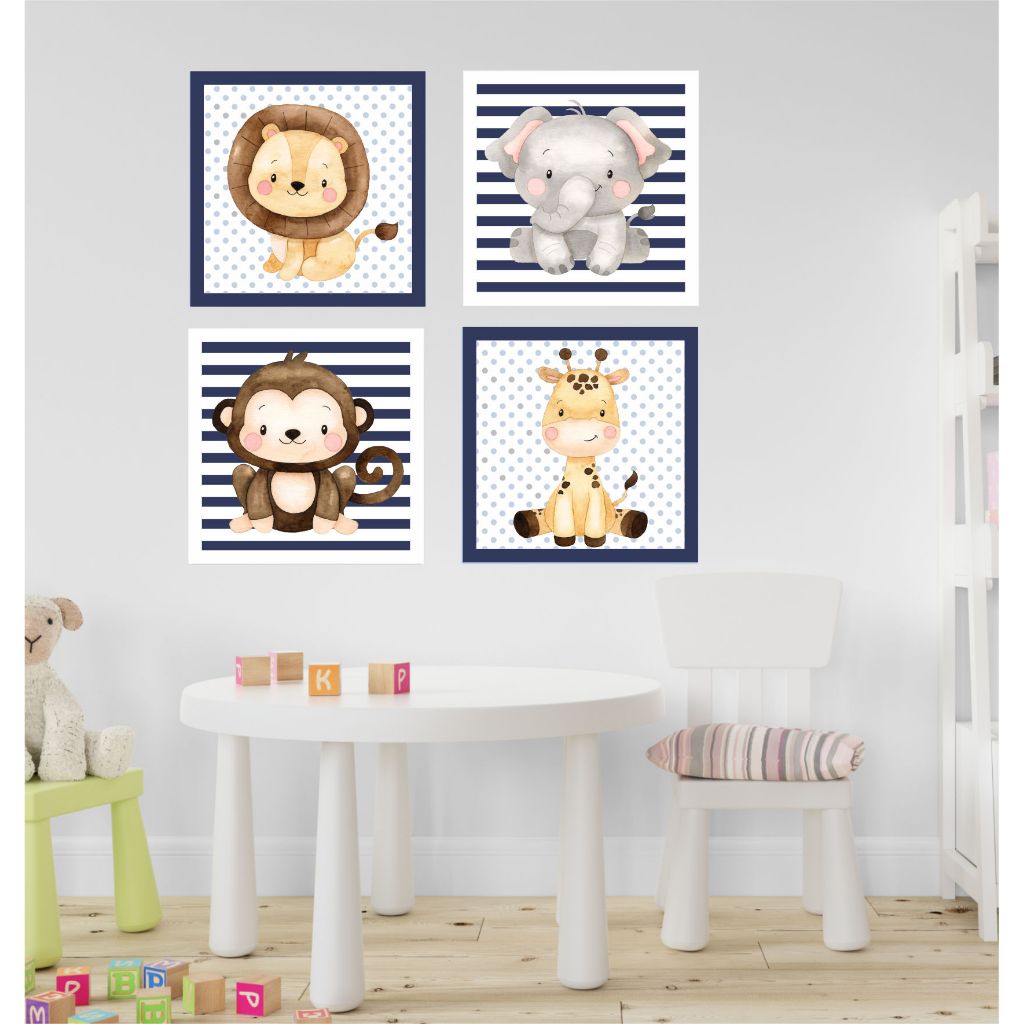 Quadros Decorativos Safari azul escuro azul marinho - Decoração Quarto de Menino Infantil
