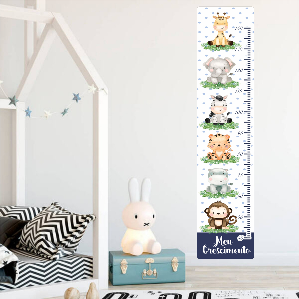 Régua de Crescimento Safari Azul Escuro / Marinho - Decoração Quarto de Menino - Adesivo de Parede Infantil