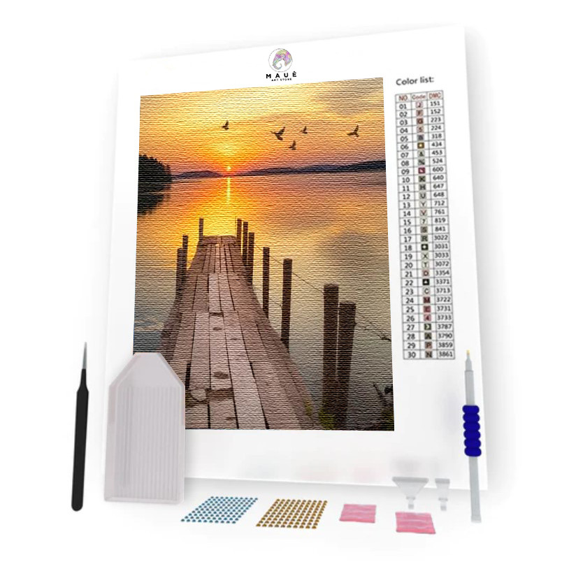 Kit Pintura Diamante - Por do Sol no Pier (Diamond Art)