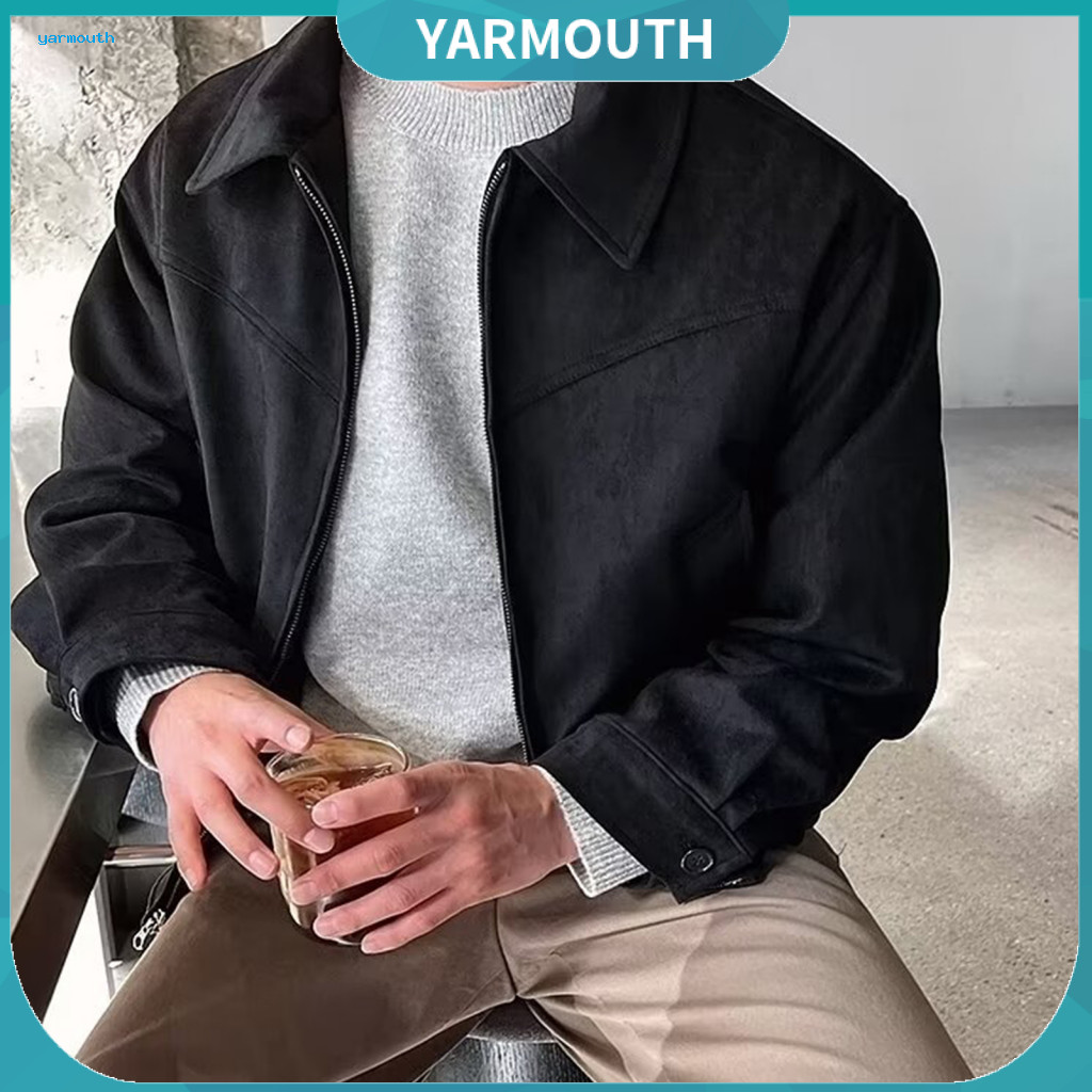 Men Jacket Zipper Design Men's Lapel with Pockets – Solid Color Long Sleeve Short Coat for Street Office Daily Wear St