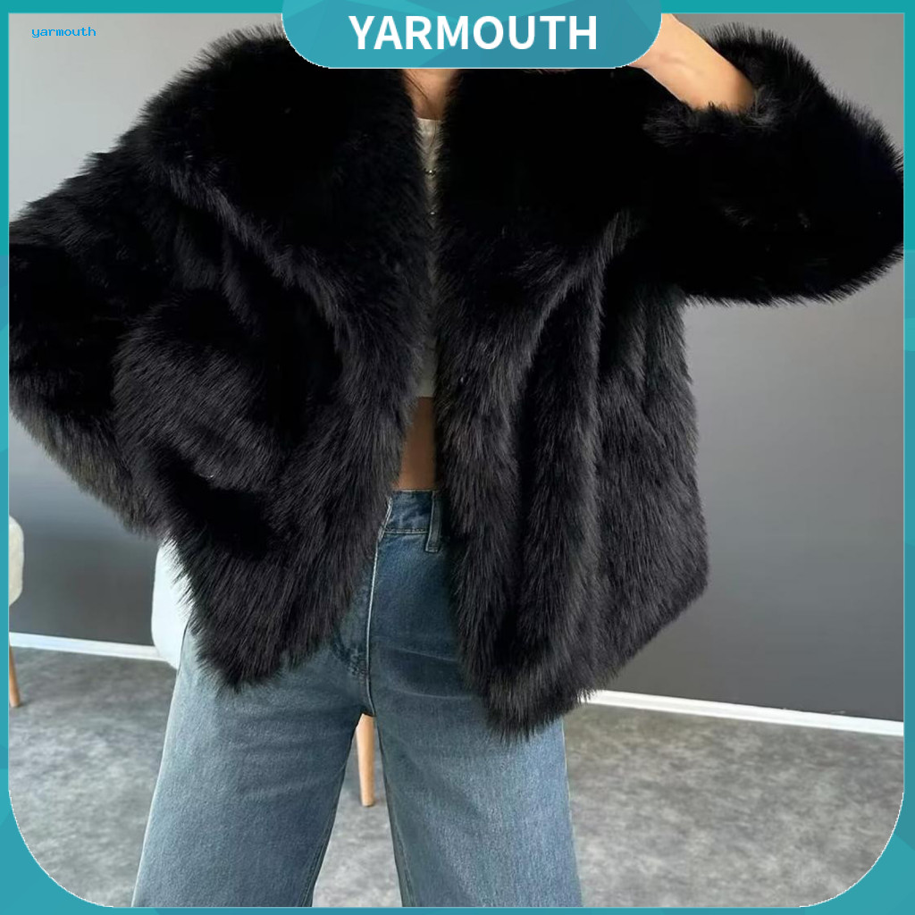 Women Faux Fur Jacket Solid Color Women’s Cozy Turn-down Collar Short Loose Fit Outerwear Long Sleeve Warm Celebrity S