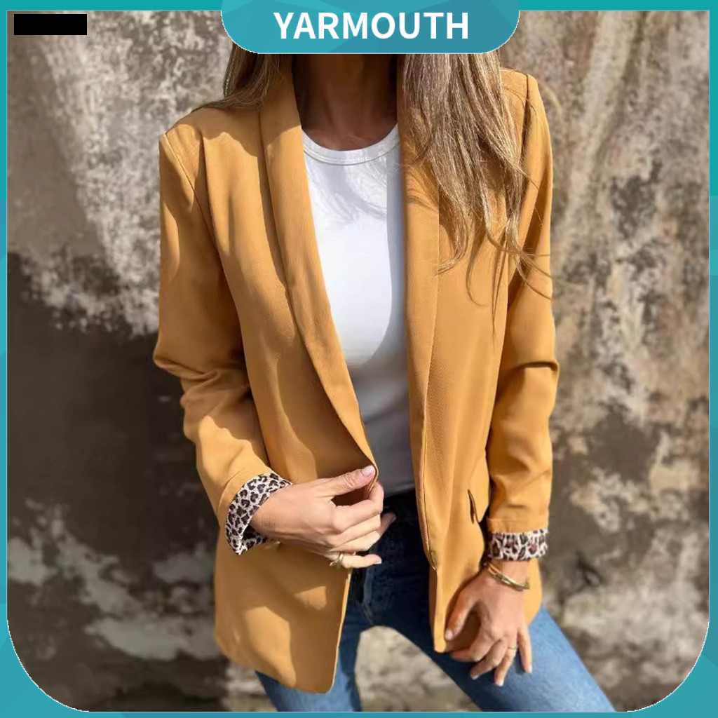 Short Suit Jacket Women’s Leopard Print Blazer Loose Fit Coat with Lapel Long Sleeves Solid Color Open Front Business