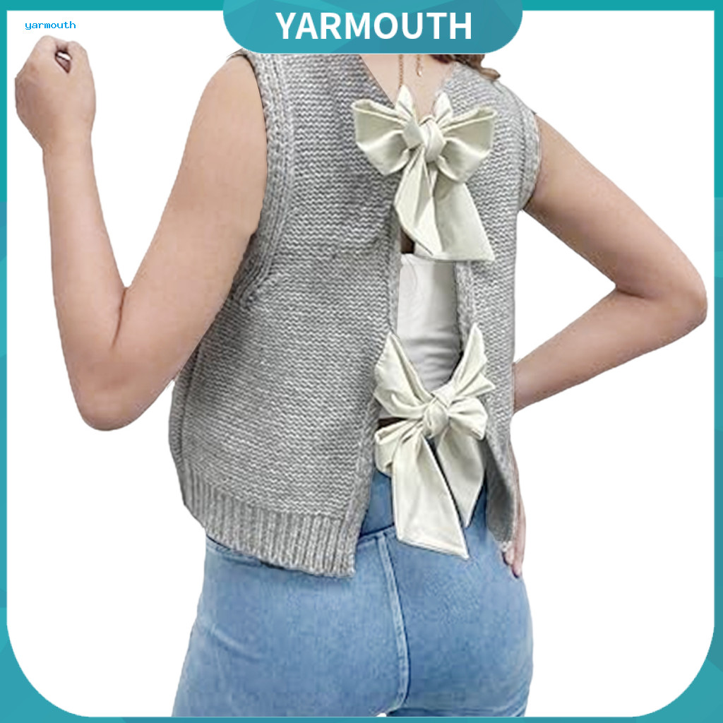 Women Knitted Vest Knit Top Women’s Crop Tank with Bow Tie and Hollow Back Round Neck Solid Color Short Sweater – St