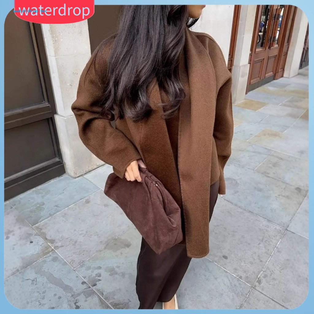 Women’s V Neck Long Sleeve Cardigan Coat with Scarf Loose Fit Short Jacket Shawl Collar Solid Color Outerwear for Spri