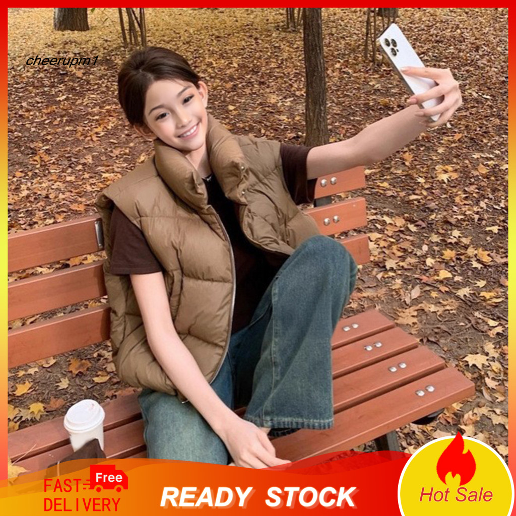 Lightweight Fall Vest Loose Fit Women’s Winter Down Stand Collar Waistcoat with Zipper Pockets Short Jacket Warm Solid