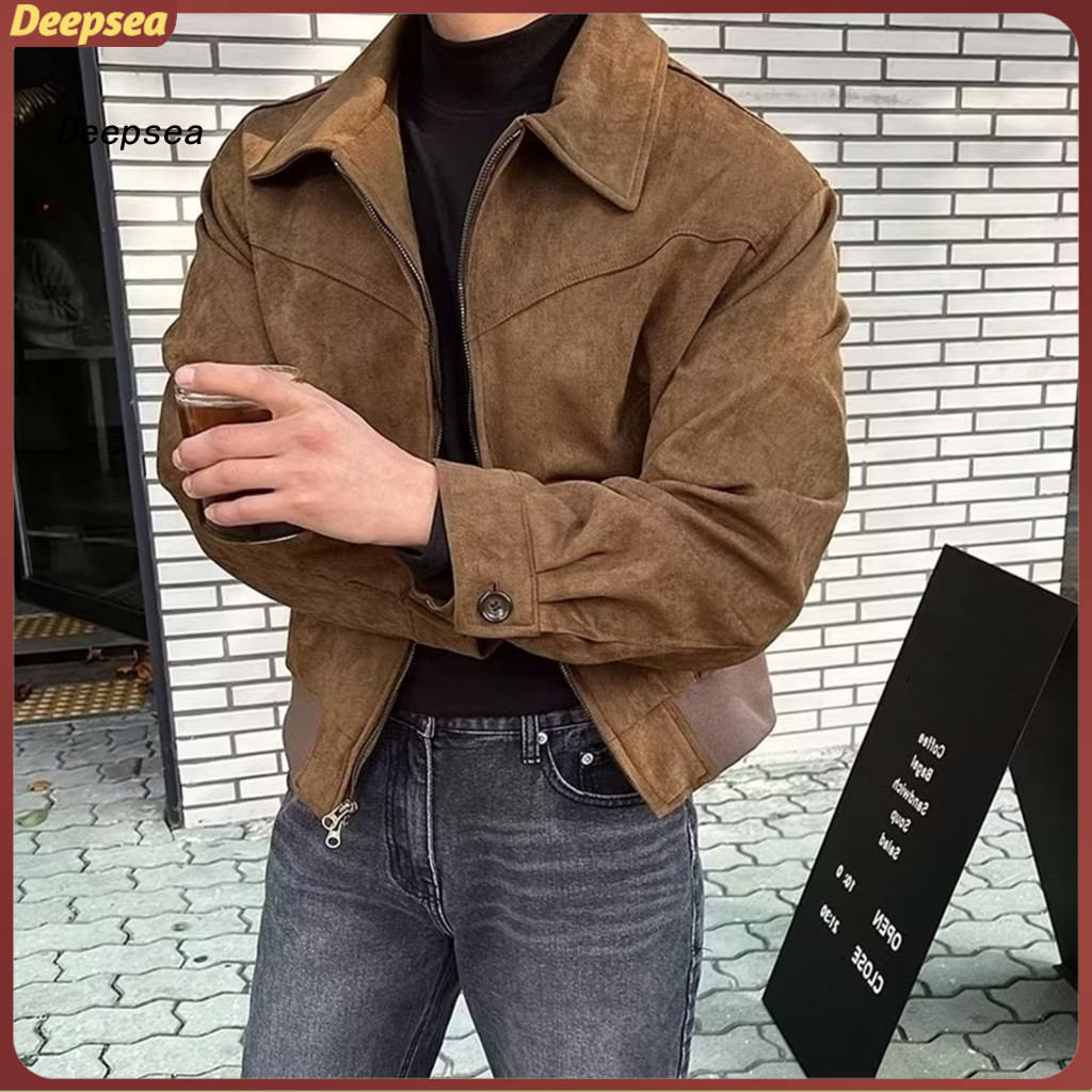 Men's Lapel Zipper Jacket with Pockets – Solid Color Long Sleeve Short Coat for Street Office Daily Wear Stylish and C