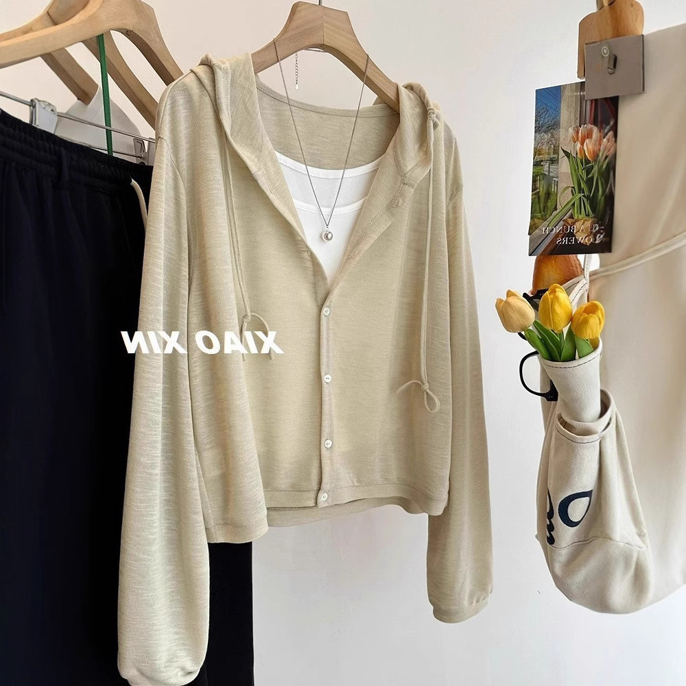 Comfortable solid color single-breasted short hooded sun protection shirt women's loose-fitting jacket