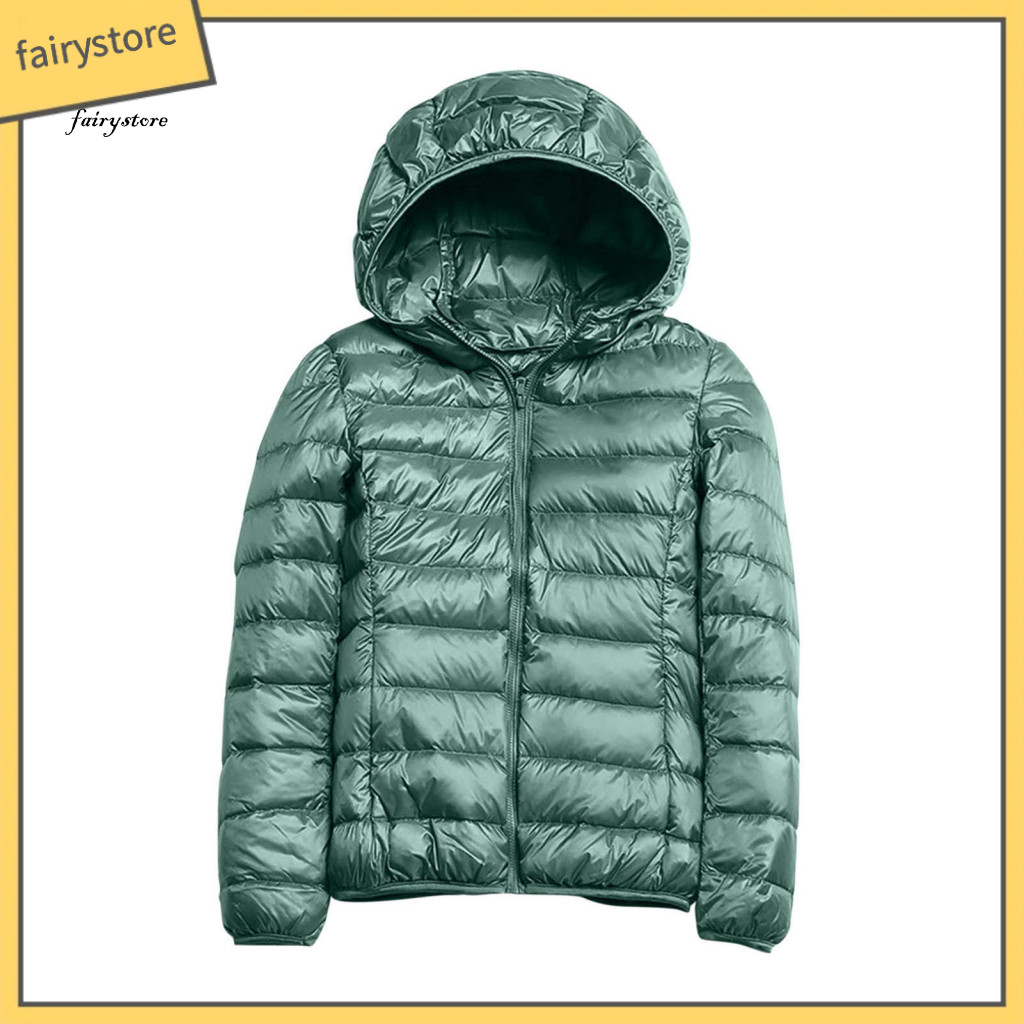 Women Down Jacket Nylon Outer Shell Women’s Lightweight Winter with Hood Zip-up Padded Slim Fit Coat Solid Color Short