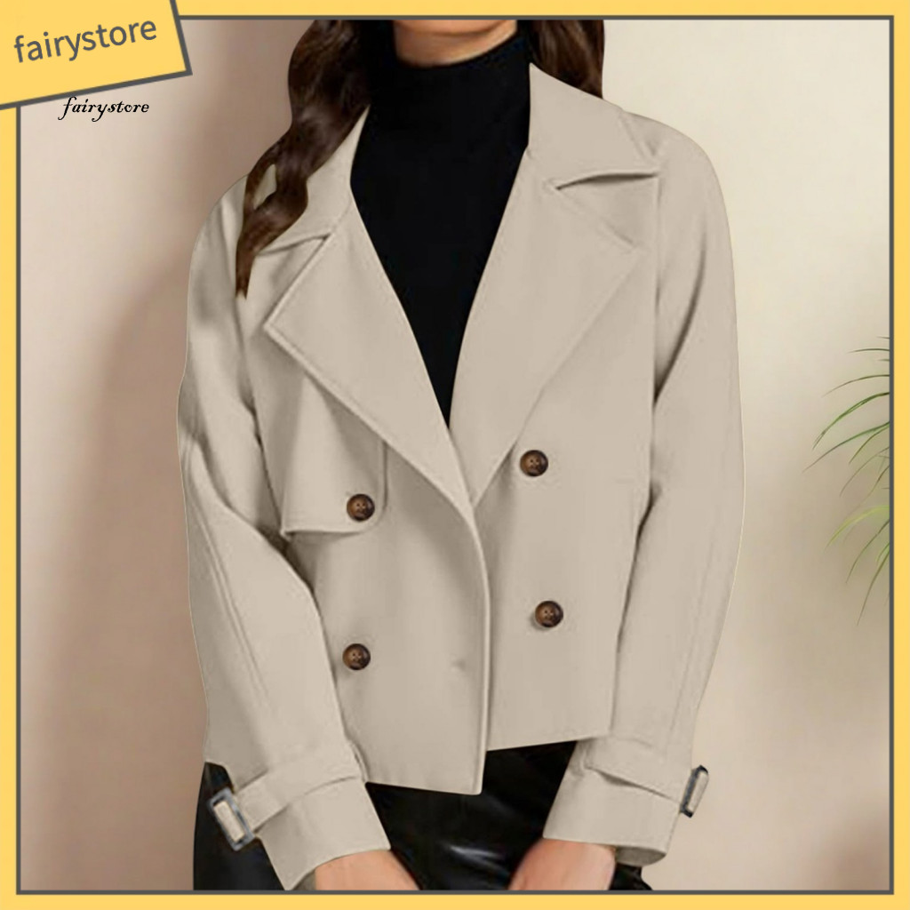Solid Color Women Jacket Polyester Women’s Cropped Trench Coat Double Breasted with Pockets Notched Lapel Short Blazer