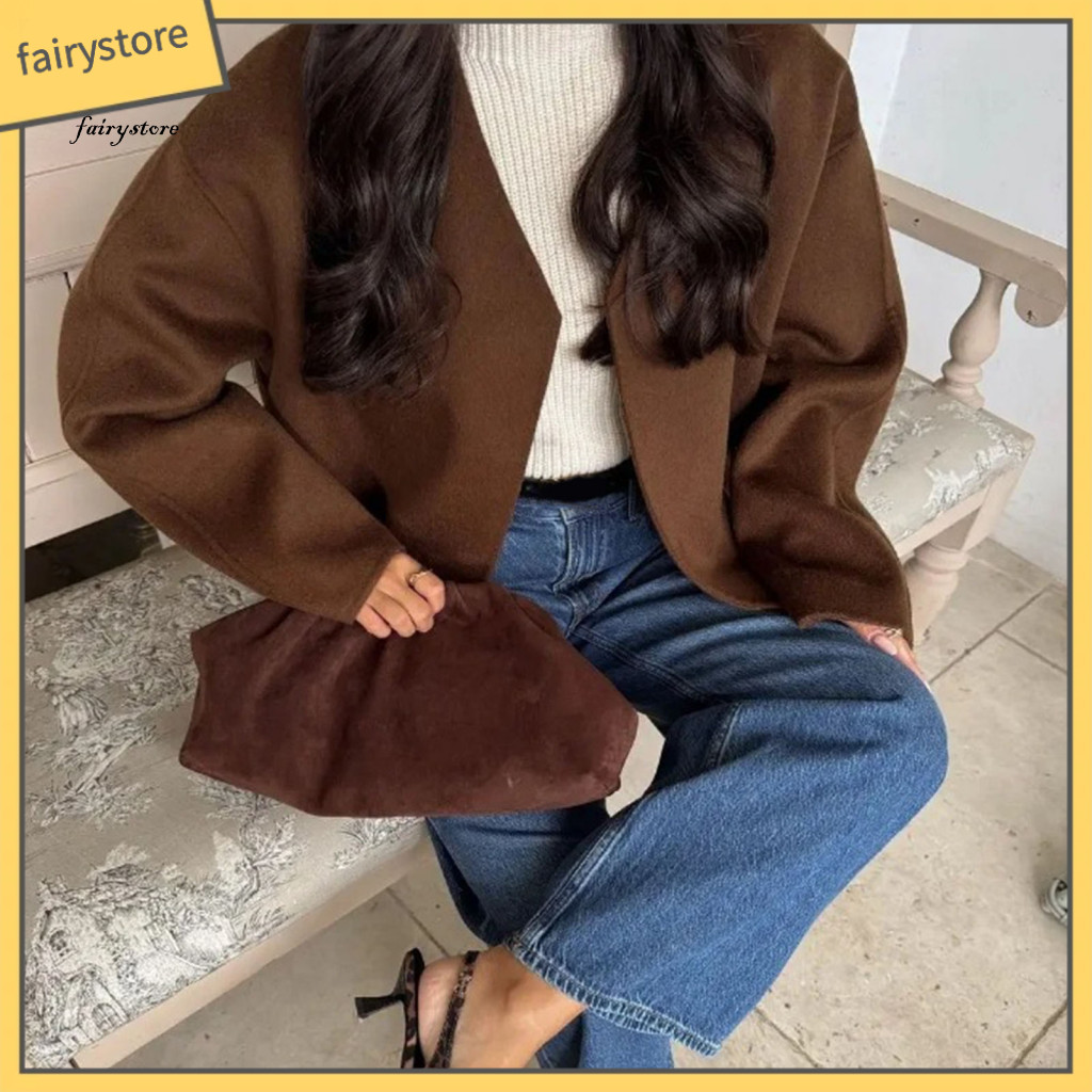 Women V-neck Jacket Solid Color Coat Women’s V Neck Long Sleeve Cardigan with Scarf Loose Fit Short Shawl Collar Outer