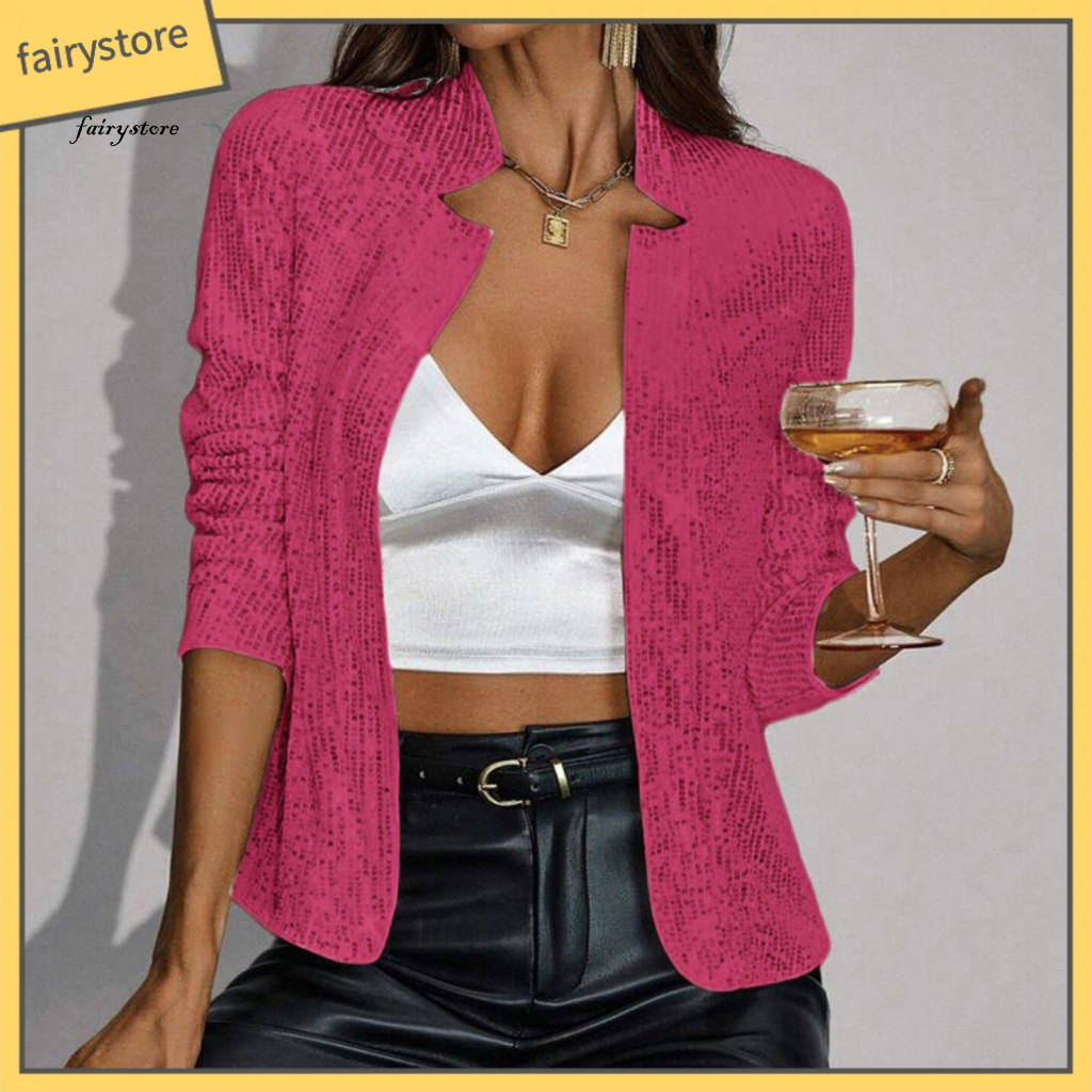 Women Solid Color Coat Sequined Jacket Women’s Sequin Cardigan Stand Collar Slim Fit Long Sleeve Short for Club Party
