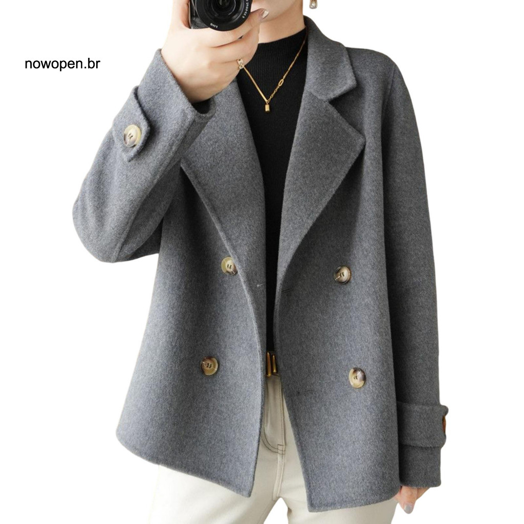 Women Short Style Coat Solid Color Women’s Woolen Double-breasted Lapel Jacket Loose Thermal Long Sleeve Outerwear for