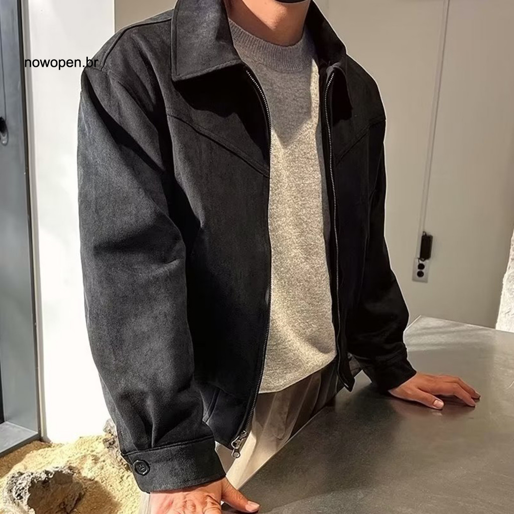Men Jacket with Side Pockets Casual Retro Men's Short Lapel Long Sleeve Zipper Coat Solid Color Lightweight for Everyday