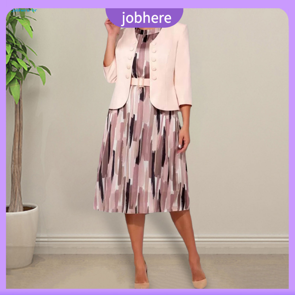 Women Dress Coat Set Elegant 2pcs Plus Size and O-neck Short Sleeve Printed with Solid Color 3/4 for Southeast