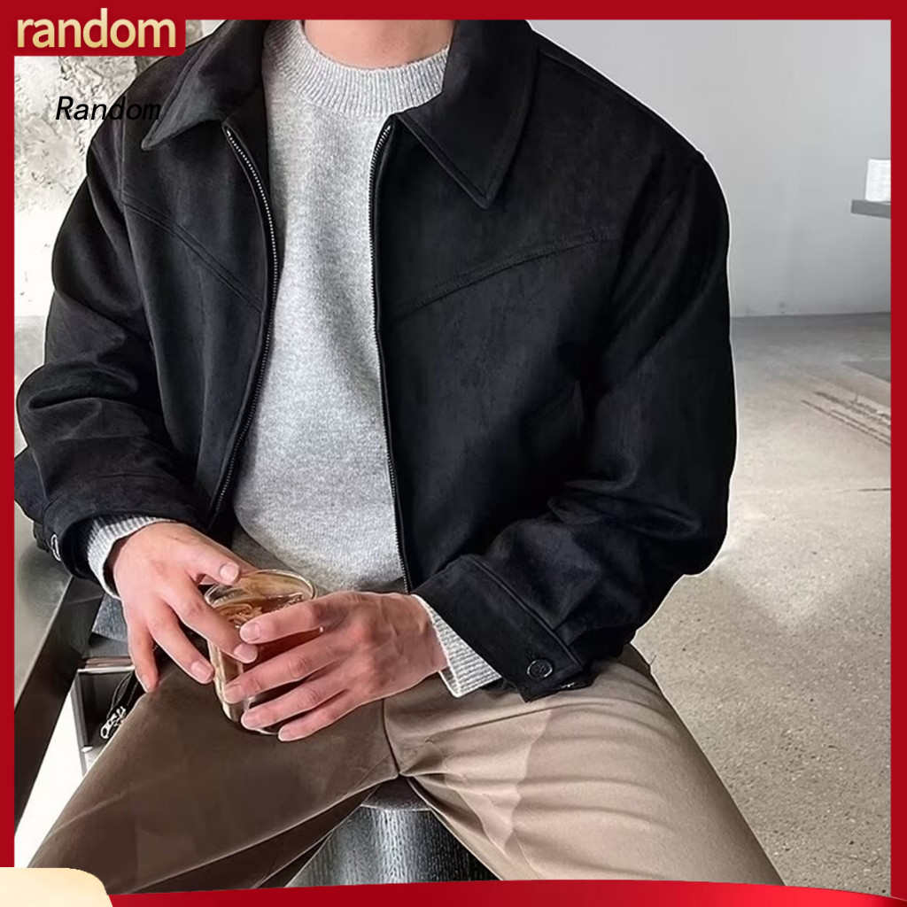 Comfortable Men Jacket Casual Retro Men's Short with Lapel Long Sleeve Zipper Coat Solid Color Side Pockets Lightweight