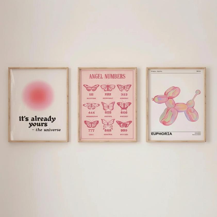 Quadros decorativos Angel Number cachorro e aura (3 peças)