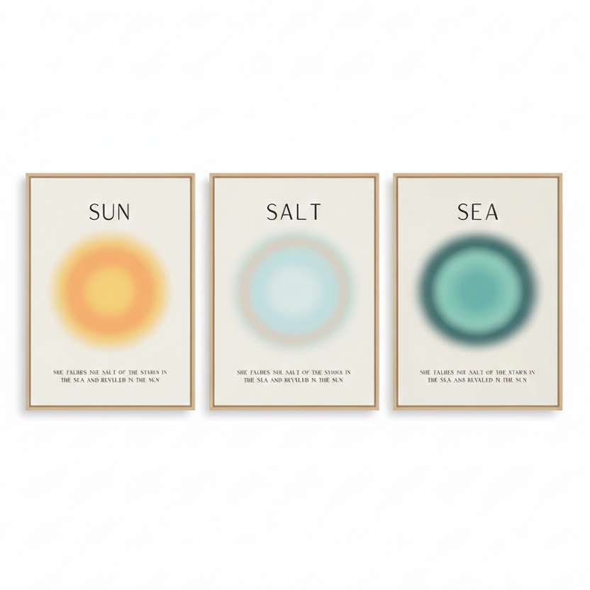 Quadros decorativos Sol sal e mar aura costeira arte minimalista azul amarelo praia (3 peças)