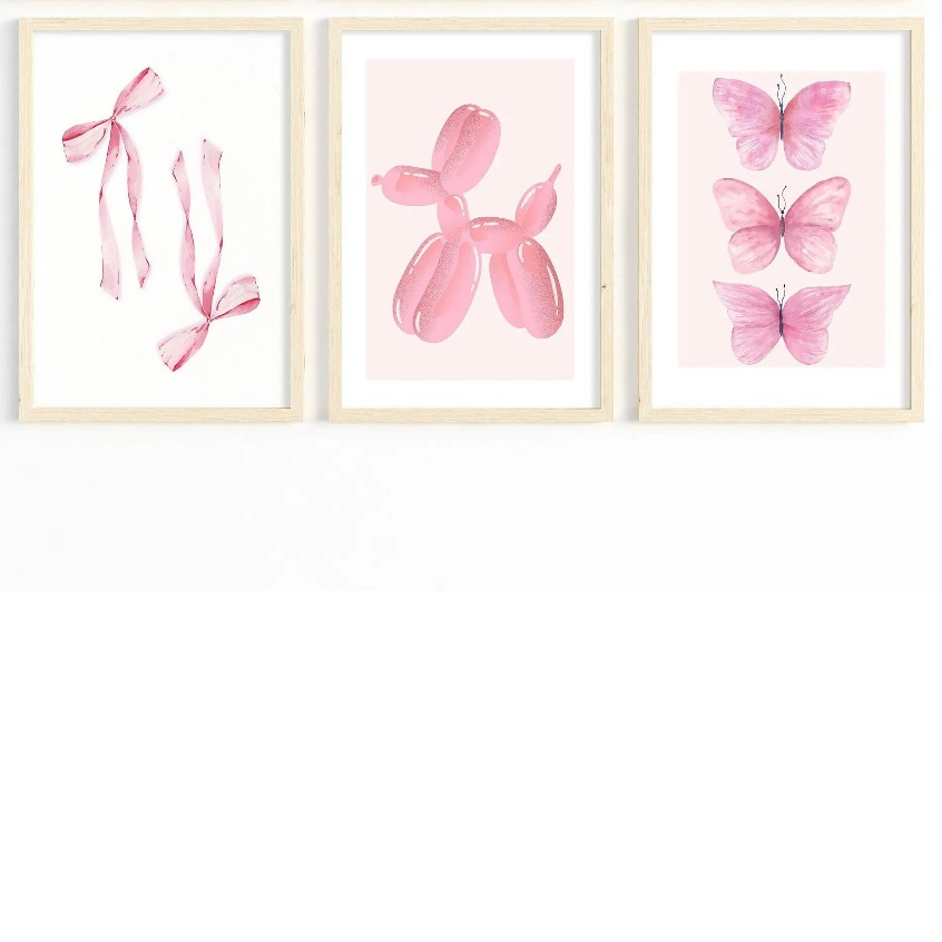 Quadros decorativos Gradiente aura cachorro, laços e borboletas pink cute (3 peças)