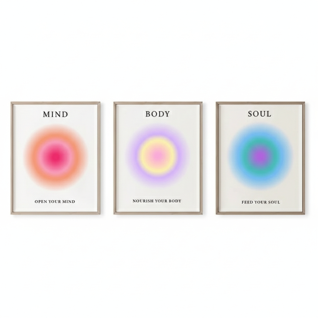 Quadros decorativos Mente Corpo Alma Positivo Aura Energia Trendy Gradiente Espiritual (3 peças)