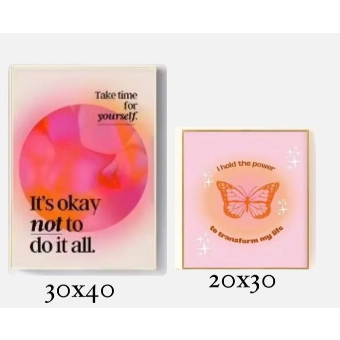 Quadros decorativos Aura afirmações e borboleta rosa (2 peças)