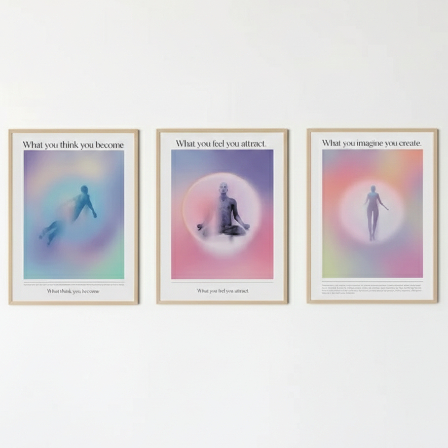 Quadros decorativos Gradiente, anjo, rosa Aura, citações espirituais, mente, corpo, alma (3 peças)