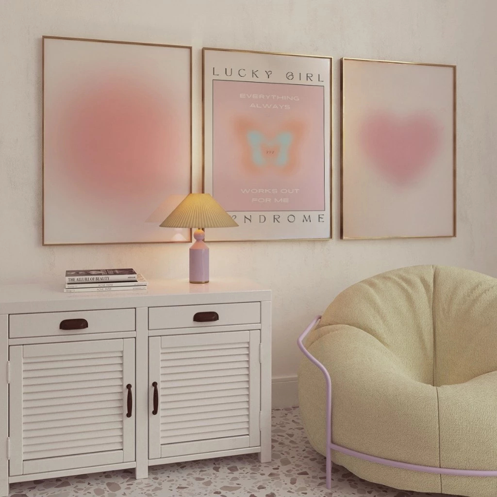 Quadros decorativos Borboleta, coração e bola energia aura espiritual aesthetic (3 peças) ACOMPANHA MOLDURA PRETA