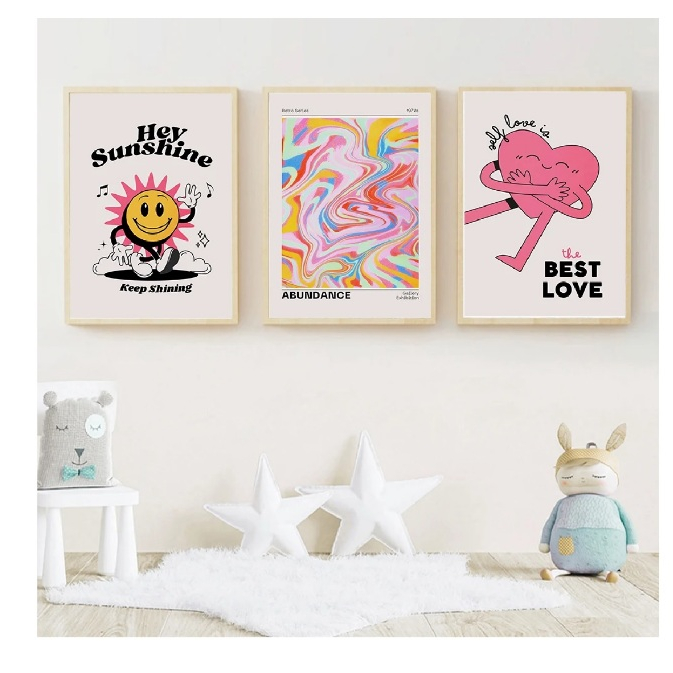 Quadros decorativos coloridos retro aura alegria (3 peças)