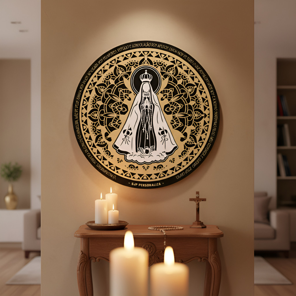 Quadro Decorativo Vazado Mandala Grande de Nossa Senhora Aparecida 60cm Com Oração