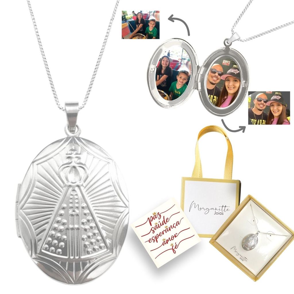 Colar Relicário 2 fotos Nossa Senhora Aparecida 60cm fé prata 925