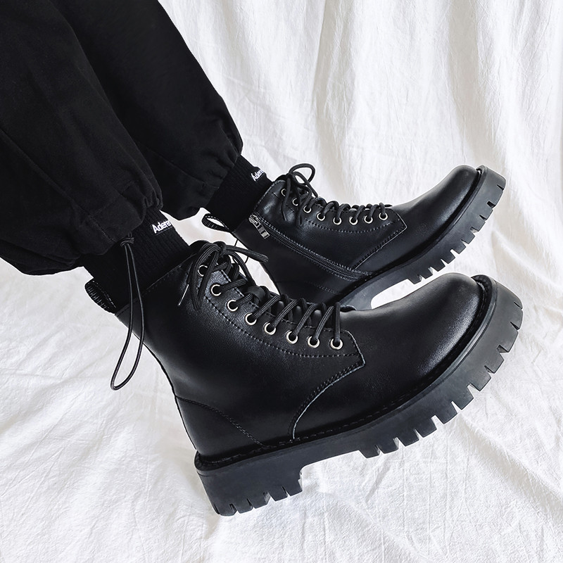 Botas Martin de couro genuíno masculino de cano alto de sola grossa estilo britânico macacão preto ins na moda zíper bot