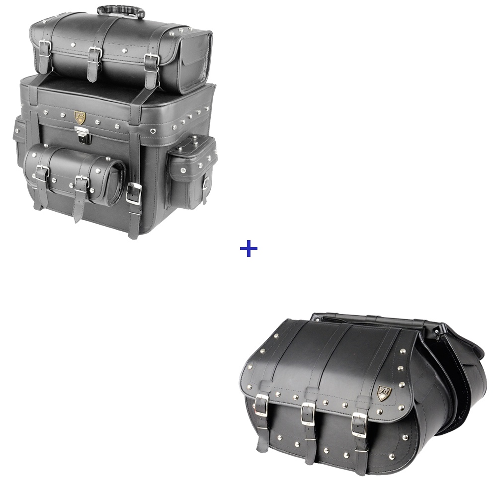 Kit Viagem Alforge Traseiro 62 Litros C/ Chave Tranca Couro Sintético C/ Cravos + Alforge Lateral 3F 40 Litros Couro