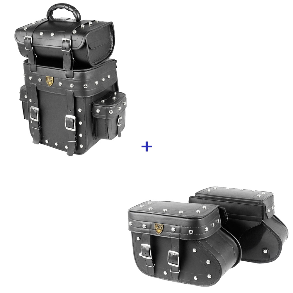 Kit Alforge Traseiro 25 Litros em Couro Sintético  Cravos + Alforge Lateral Botinha 18 Litros Couro Sintético C/ Cravos