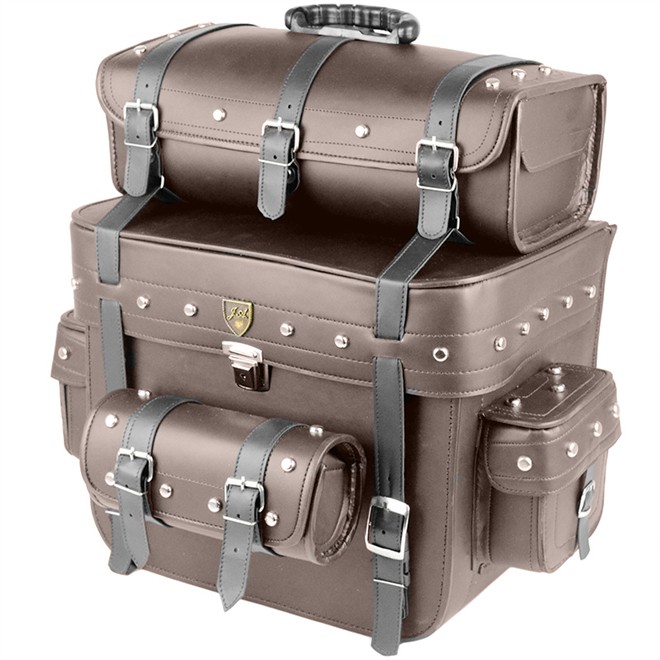 - Alforge Traseiro (Bolsa) 62 Litros Couro Marrom c/ Cravos (p/ capacete - c/ chave)