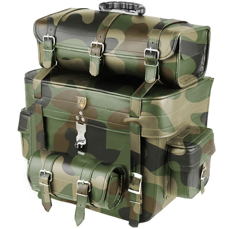 Alforge Traseiro (Bolsa) Custom 62 Litros Couro Camuflado Verde (p/ capacete - c/ chave)
