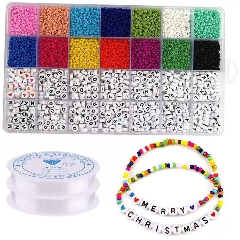 Kit 5000Pcs Contas, Missangas de Vidro 3mm, Contas de Letras Alfabeto e Coração, Para Pulseiras Personalizadas com Nome