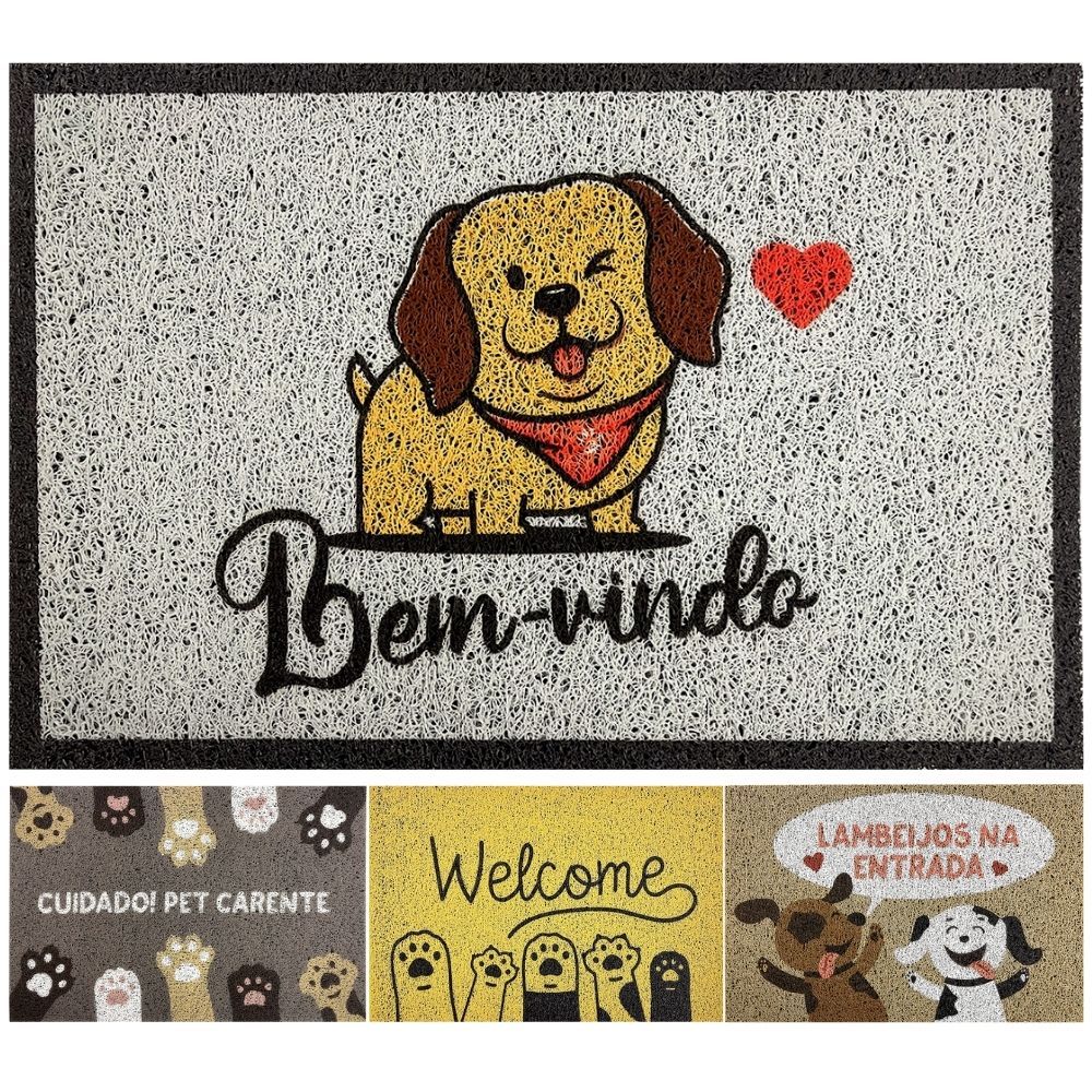 Tapete Capacho Porta Entrada Cachorro Cão Cachorrinhos Pet Bem Vindo Welcome Lambeijos Antiderrapante Kapazi 40x60cm