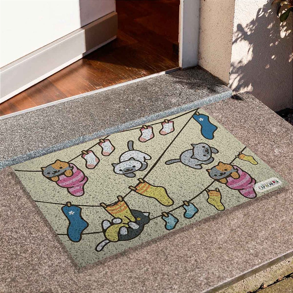 Tapete de Porta Divertido Capacho Pet - Gato No Varal