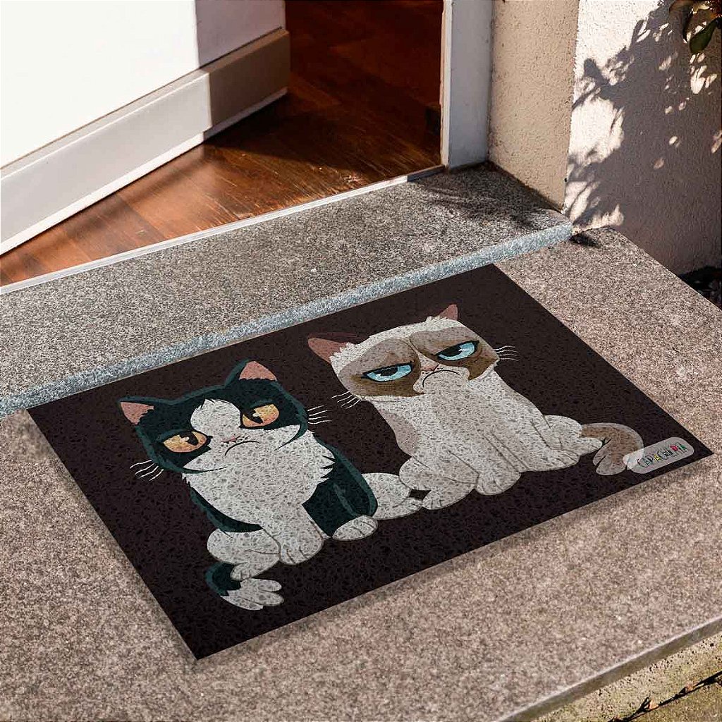 Tapete de Porta Divertido Capacho Pet - Gatos Preto e Branco