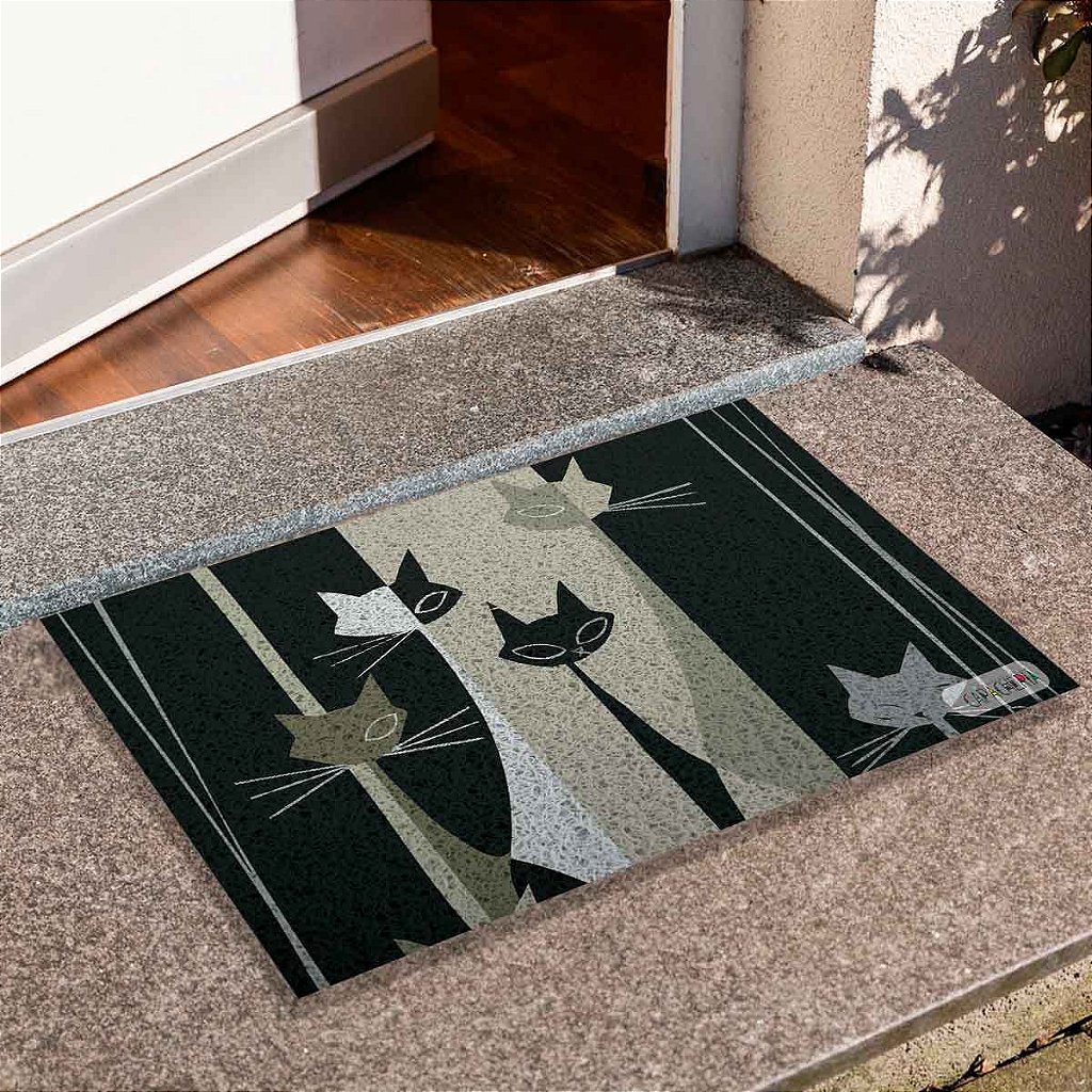 Tapete de Porta Divertido Capacho Pet - Gatos Fundo Preto