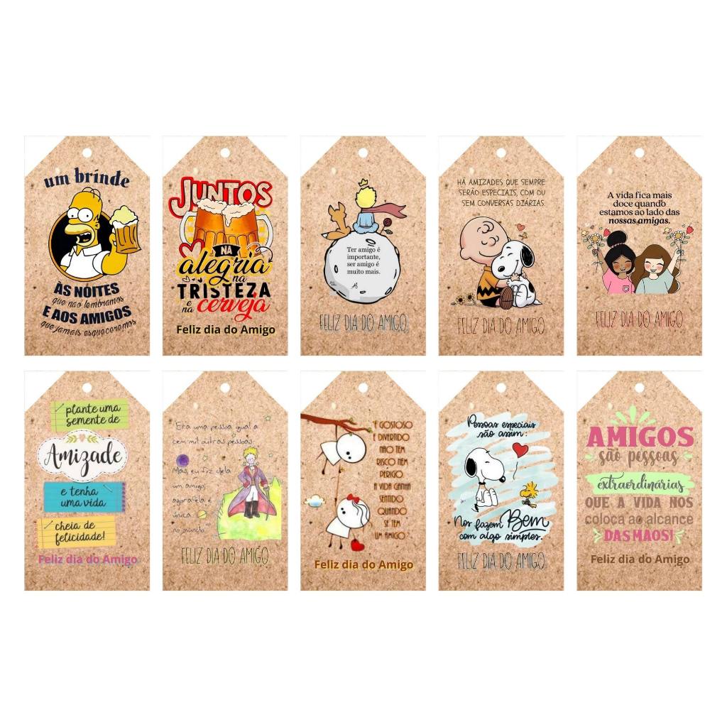 100 Tags etiquetas Trapézio 4cm tema Dia do Amigo - Kraft 180g impressão colorida + Cordão Grátis!