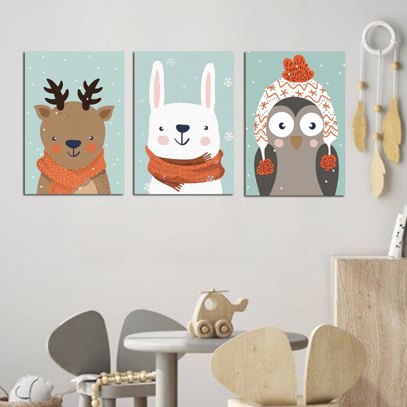 quadro infantil para decoração - 3 placas MDF - Urso Polar coruja Hiena do papai noel - Neve - 20x30cm