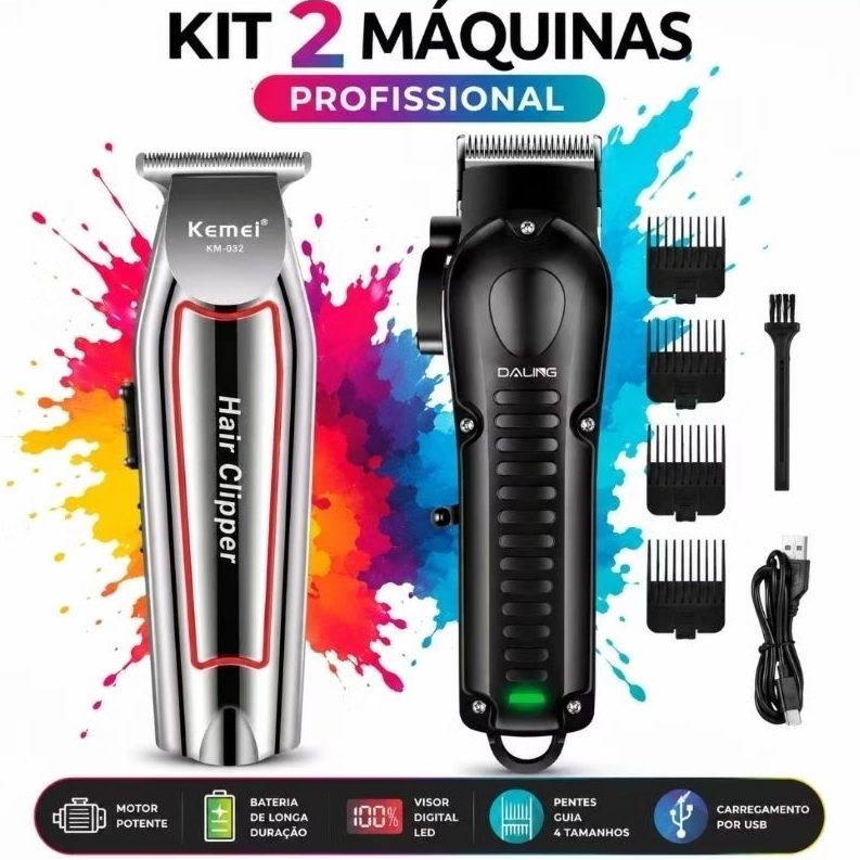 Kit Maquina Profissional de Cortar Cabelo Daling + Maquina Corte Acabamento Kemei 032 Bivolt