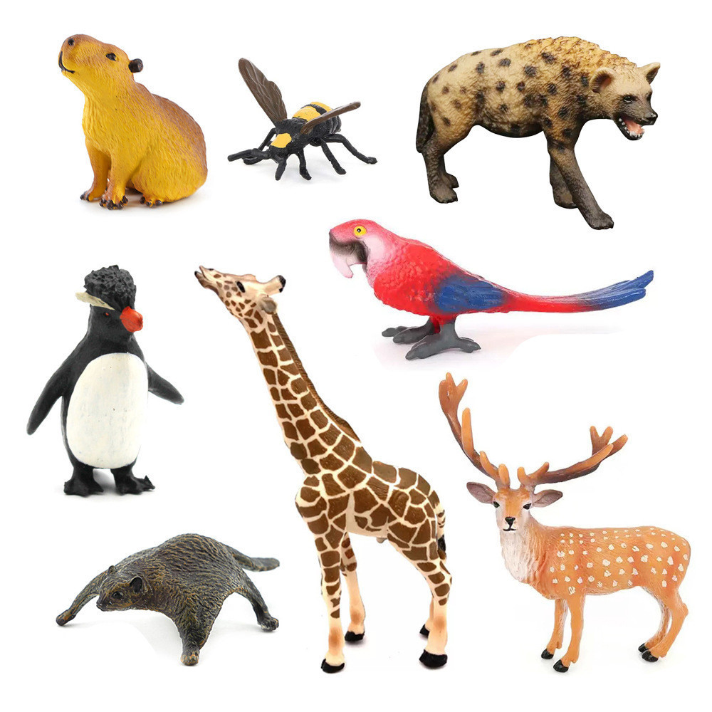 Modelos simulados de animais selvagens, brinquedos educativos infantis: esquilo-voador, hiena, capivara, abelha, cervo,