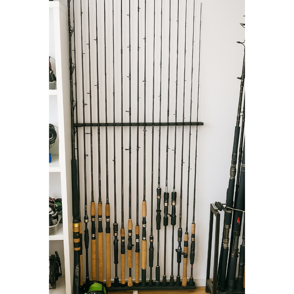 Suporte de Parede para 10 Varas de Pesca | Expositor Stick Rack Alumínio MDF EVA 42cm