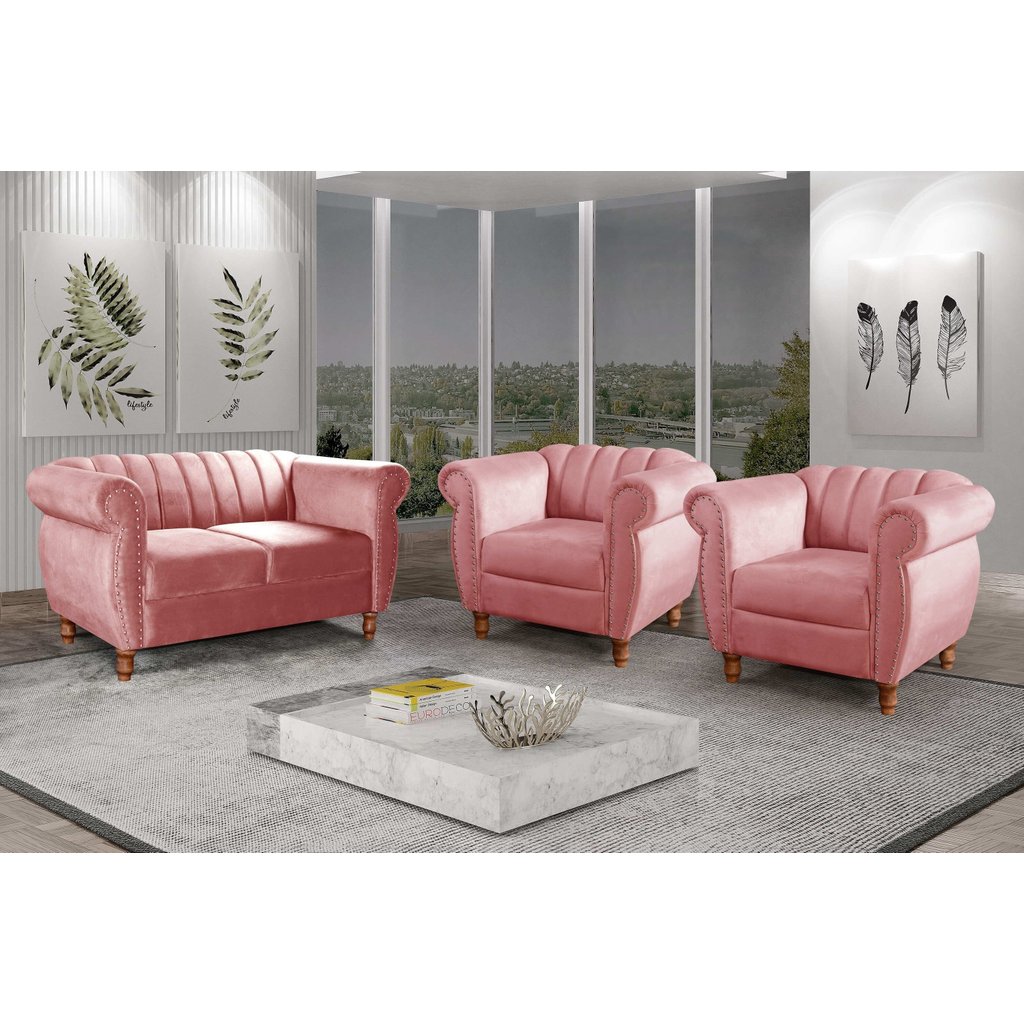 Conjunto Realeza Sofá com Poltronas Chesterfield Decoração Rosa Rosa