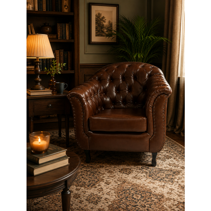 Poltrona Chesterfield Couro Legitimo Marrom